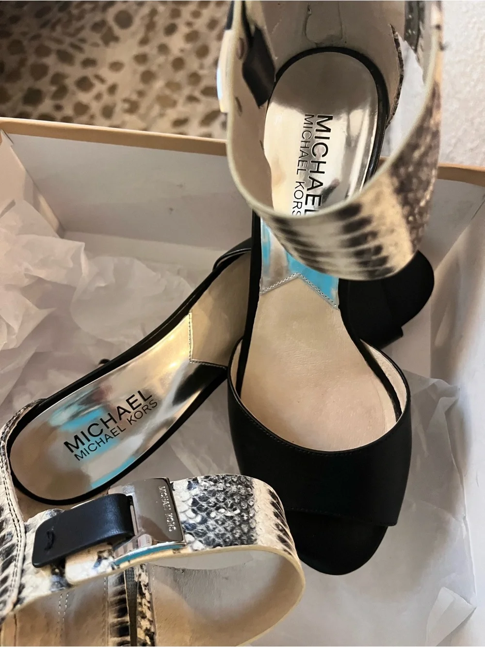 Michael Kors Black Leather Open-Toe Heels with Snakeskin-Ankle Strap